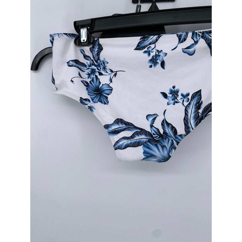 UNBRANDED Women's White-Blue Floral Print Cheeky Swim Bottom SZ L