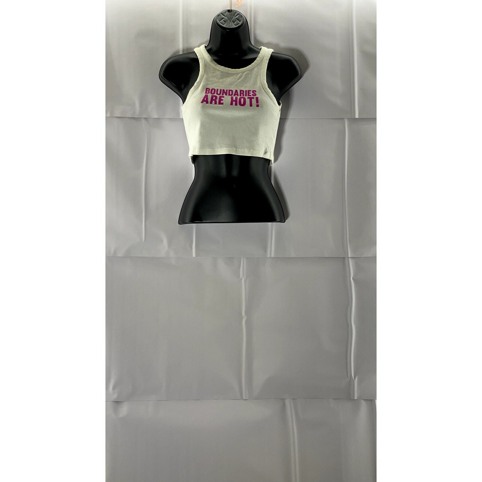 THE MAYFAIR GROUP Women's White/Pink Ribbed Boundaries Are Hot Crop Top SZ S/M
