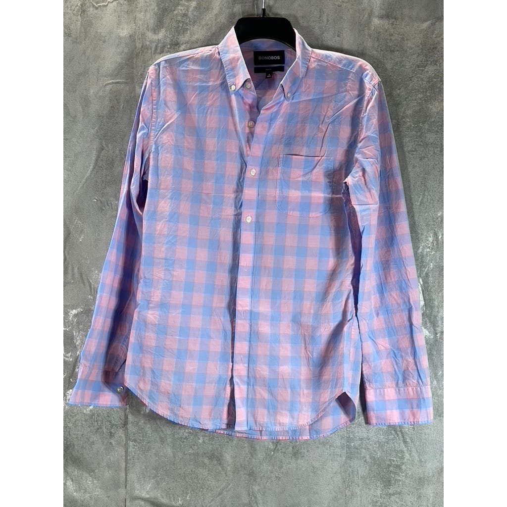 BONOBOS Men's Pink/Blue Gingham Slim-Fit Button-Up Long Sleeve Shirt SZ S