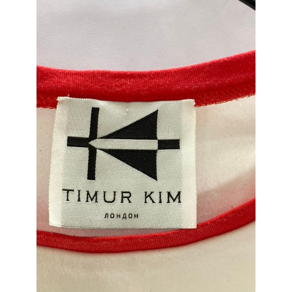 TIMUR KIM Women's White/Black/Red Striped Crewneck Short Sleeve Top SZ S