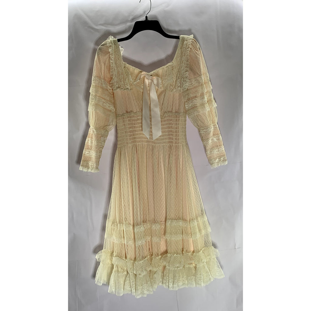 SWEET PICKINS Women's Beige Lace Boho "Vintage" Long Sleeve Prairie Dress SZ 0