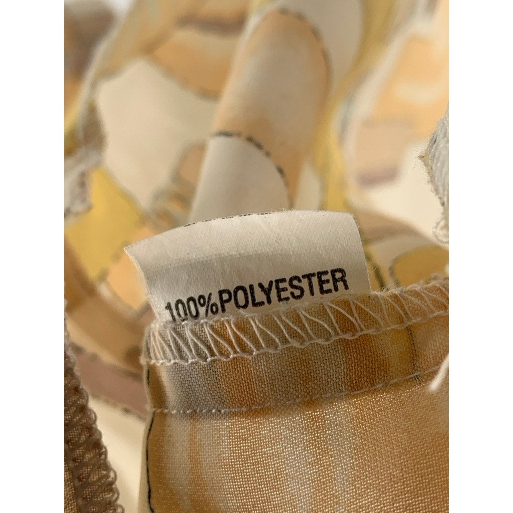 CA MEE Women's Vintage 70's Tan-Beige Square Print Button-Up Long Sleeve Top SZM