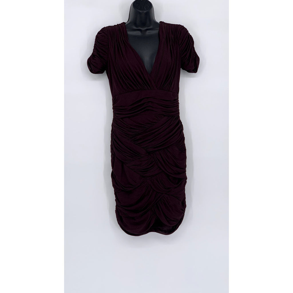 HALSTON HERITAGE Women's Wine Short Sleeve V-Neck Ruched Mini Dress SZ M