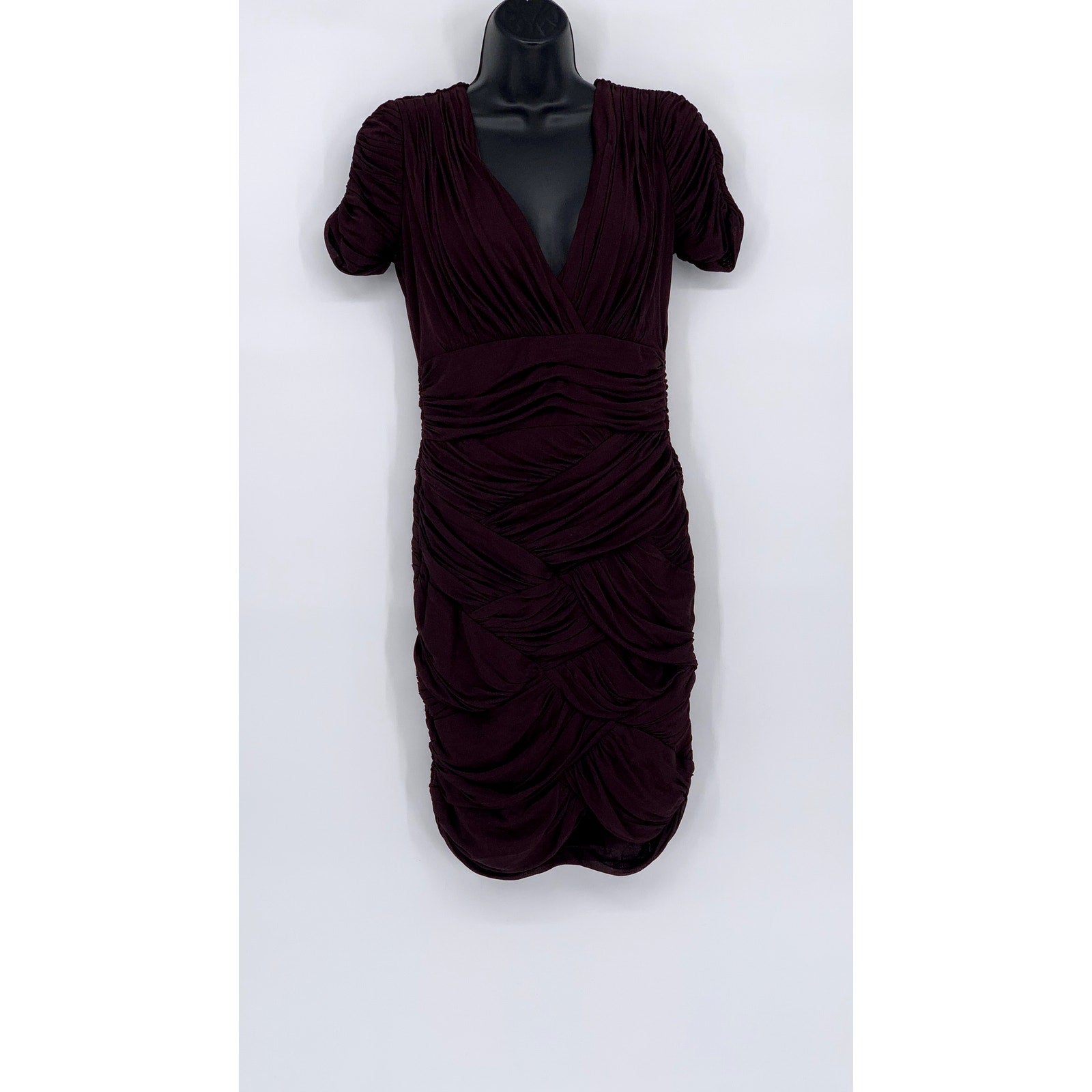 HALSTON HERITAGE Women's Wine Short Sleeve V-Neck Ruched Mini Dress SZ M