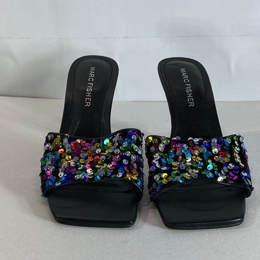 MARC FISHER Women's Black Multi Sequin Danria Square-Toe Stiletto Sandals SZ 6