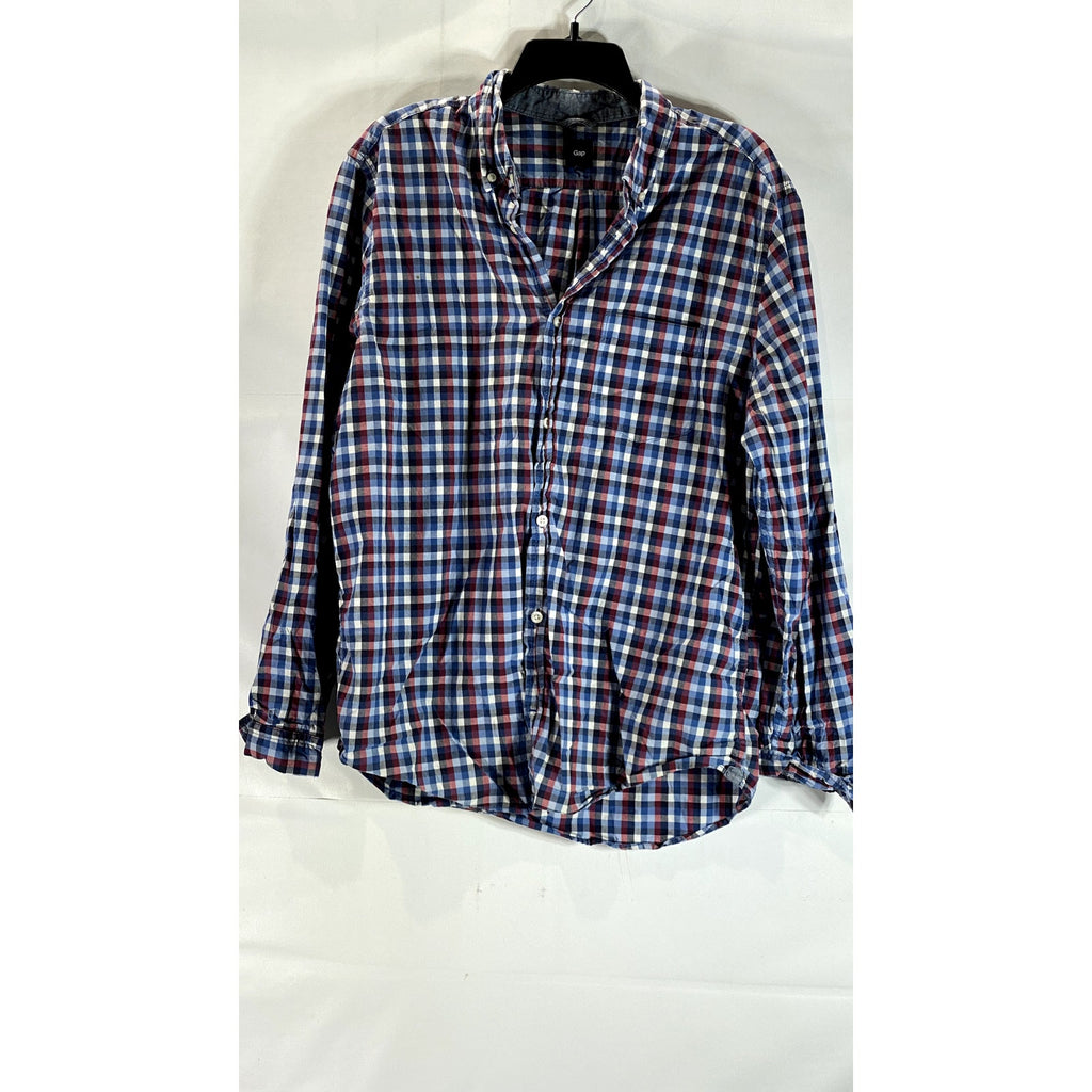GAP Men's Multicolor Mini Check Regular-Fit Long Sleeve Button-Up Shirt SZ L