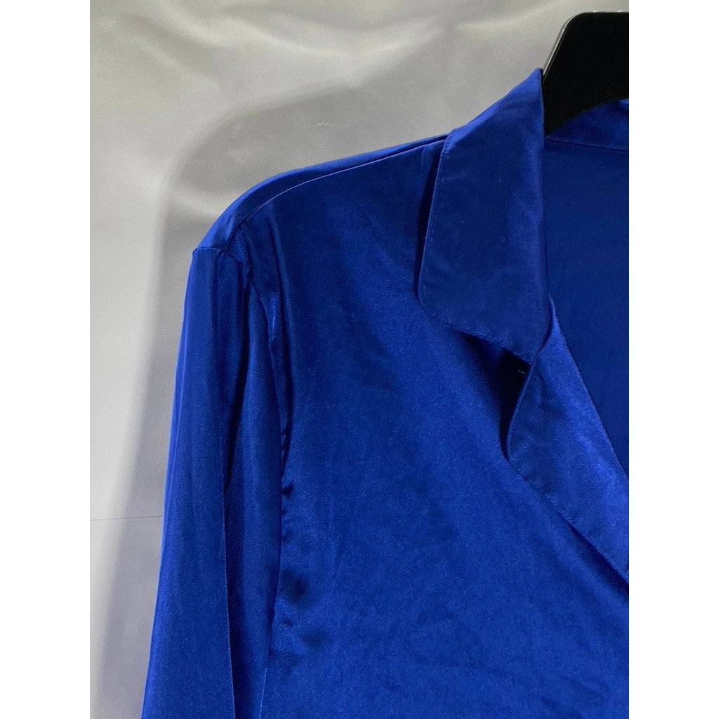 SHEIN Women's Royal Blue Satin Button-Up Ruffle Tiered Long Sleeve Top SZ S