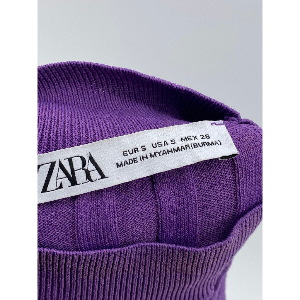 ZARA Women's Purple Mock-Neck Sleeveless Wide Rib Cross Hem Cropped Top SZ S