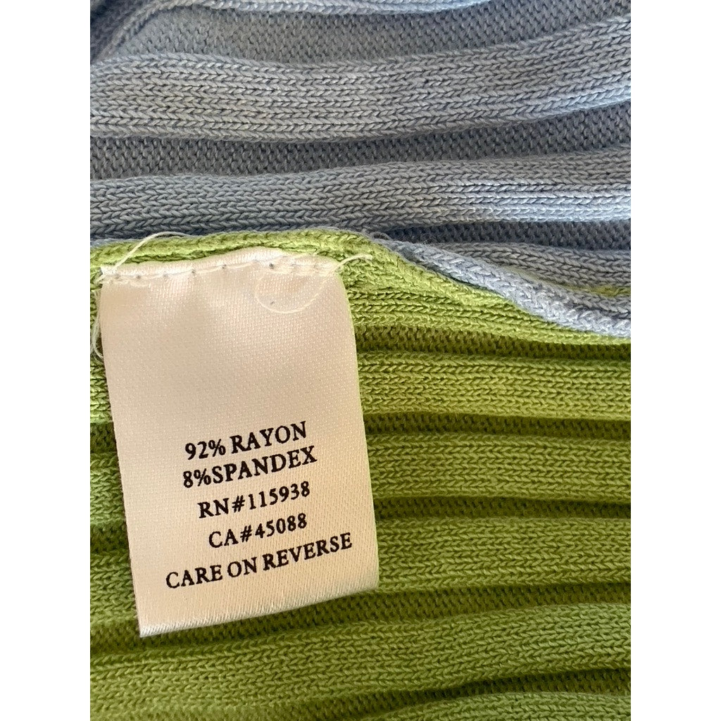 REDBERRY Women's Green/Blue Ribbed Button-Up Ruffle-Trim Short Sleeve Top SZ S/M