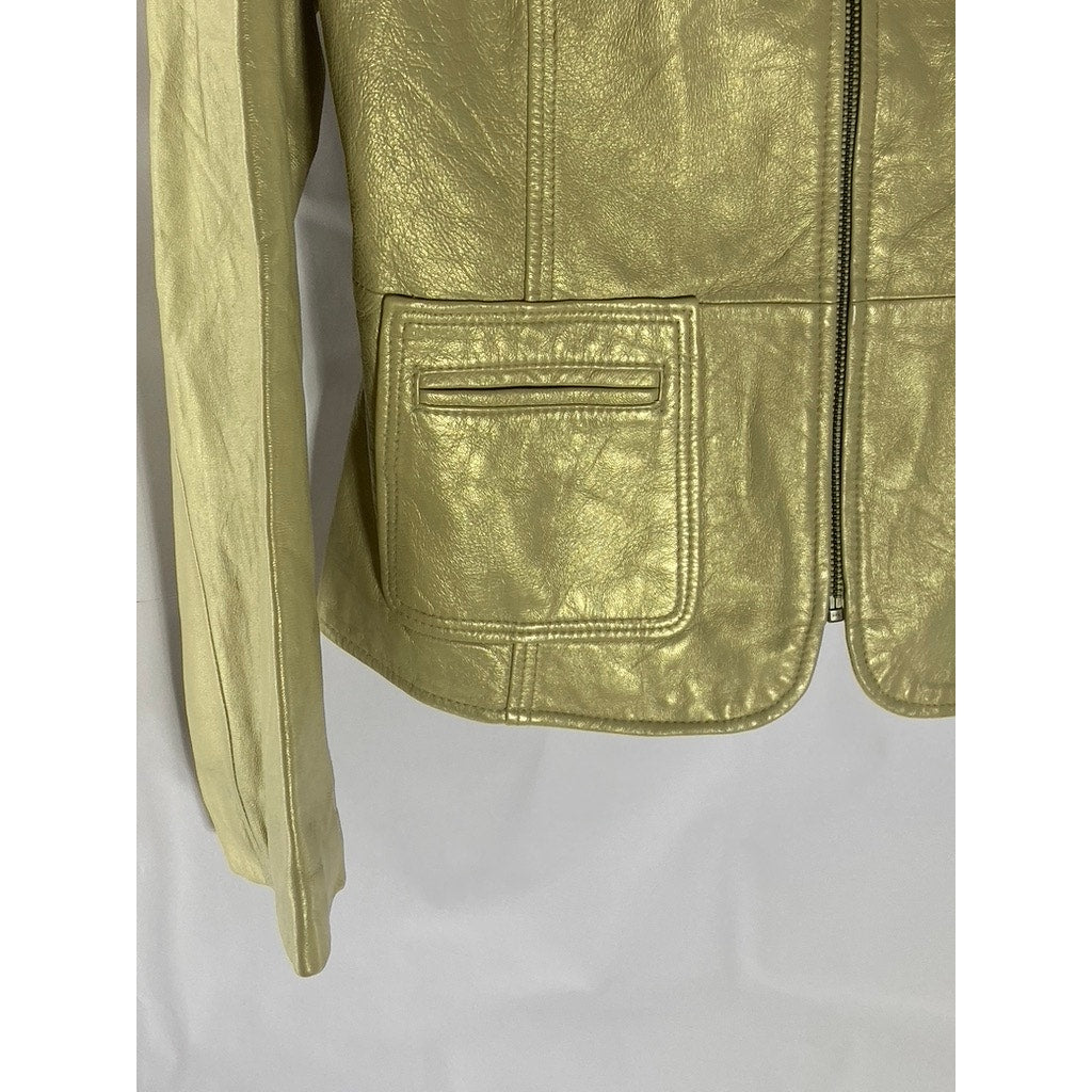 BERNARDO DESIGN Women's Vintage Gold Leather Notch Lapel Zip-Up Jacket SZ L
