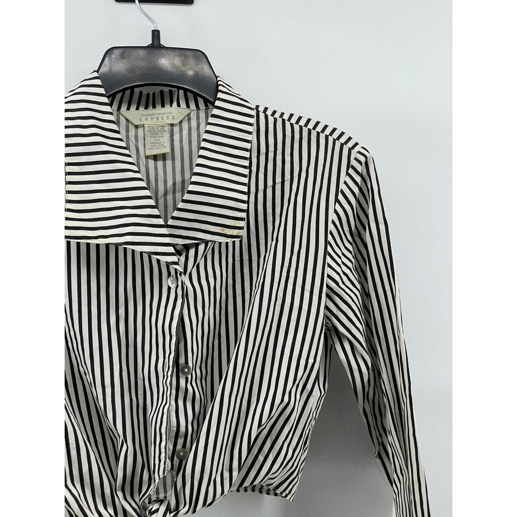 EXPRESS Women’s Black-White Striped Button-Up Tie-Front Cropped Top SZ S