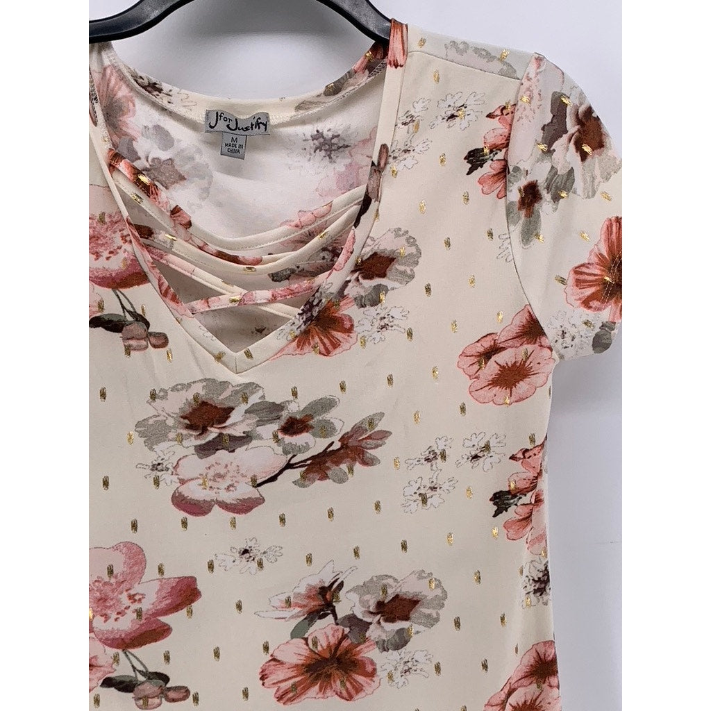 J FOR JUSTIFY Women's Cream Floral V-Neck Short Sleeve Bodycon Dress SZ M