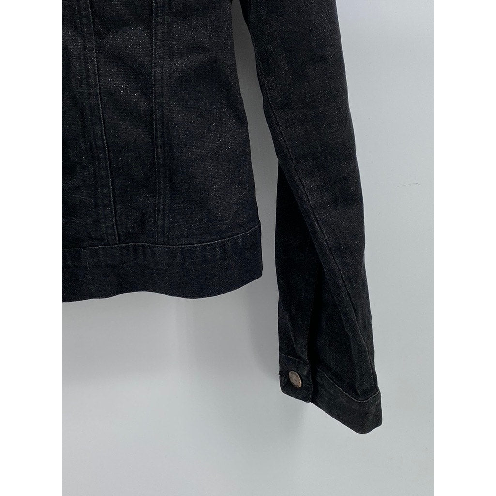 BCBG JEANS Women's Vintage Black Denim Shimmer Button-Up Regular-Fit Jacket SZXS
