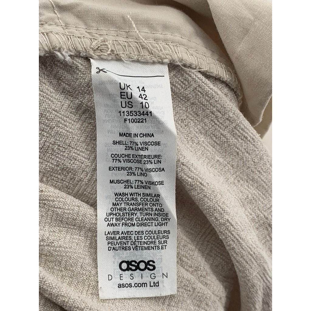 ASOS DESIGN Women's Beige Linen-Blend Pleated Wide-Leg High-Rise Pant SZ 10