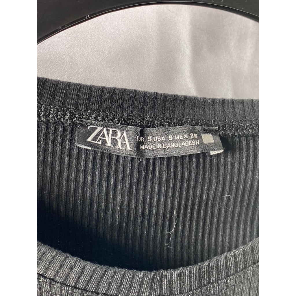 ZARA Women's Black Rib Knit Crewneck twist-Front Long Sleeve Cropped Top SZ S