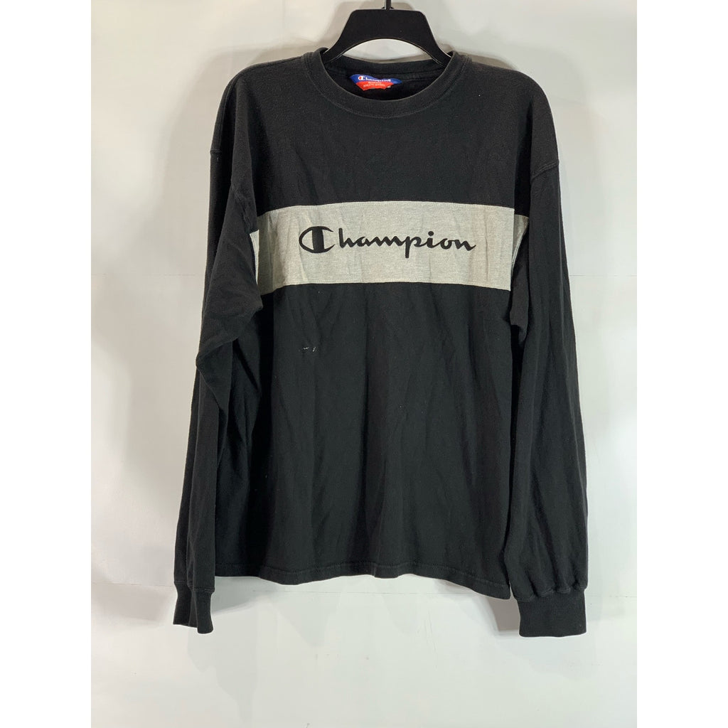 CHAMPION Authentic Men's Black Script Logo Crewneck Long Sleeve T-Shirt SZ L