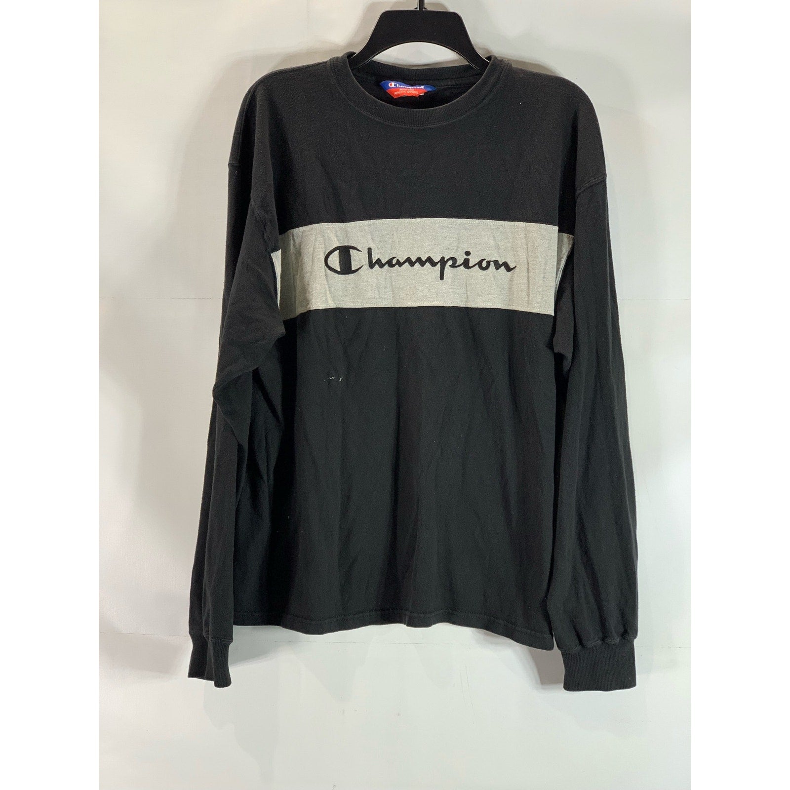 CHAMPION Authentic Men's Black Script Logo Crewneck Long Sleeve T-Shirt SZ L