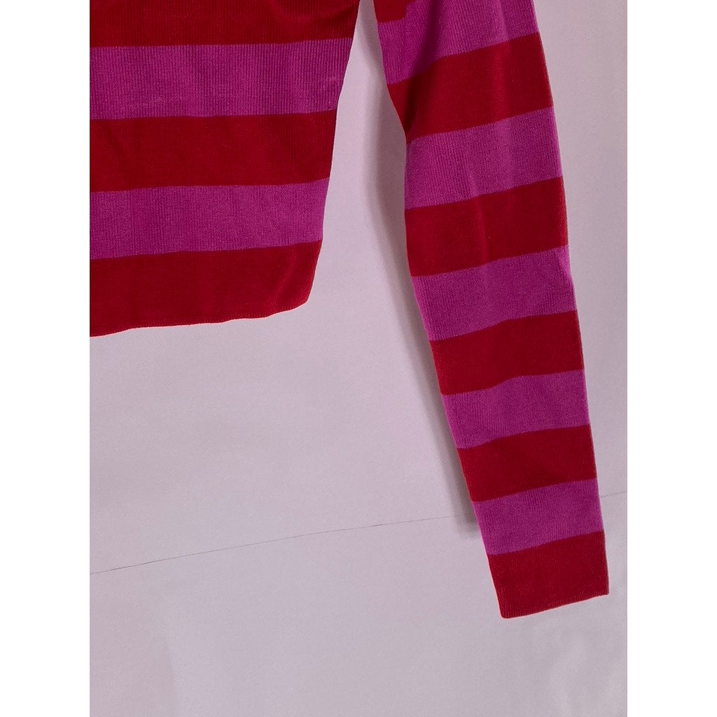 ZARA Women's Pink-Red Striped Crewneck Knit Long Sleeve Crop Top SZ M