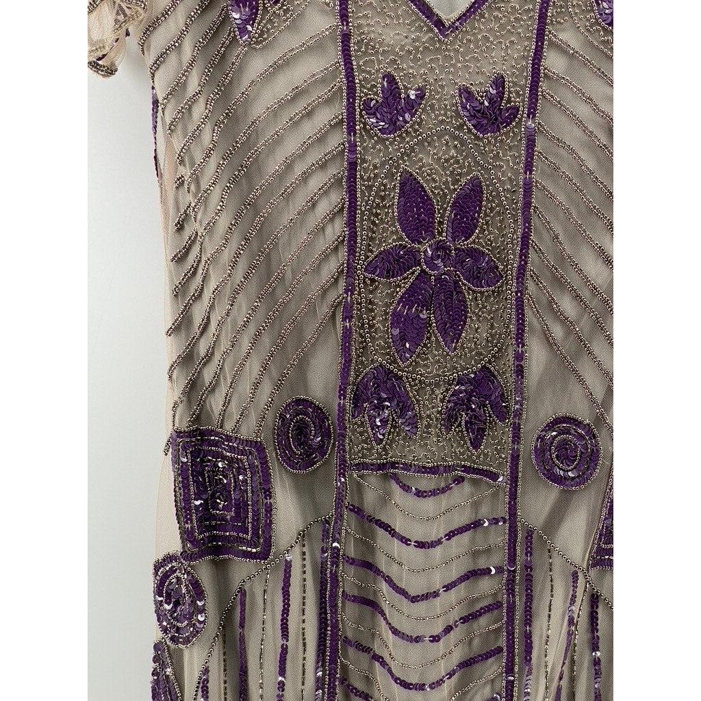 GATSBYLADY LONDON Women's Gray-Purple Beaded V-Neck Short Sleeve Dress SZ 6