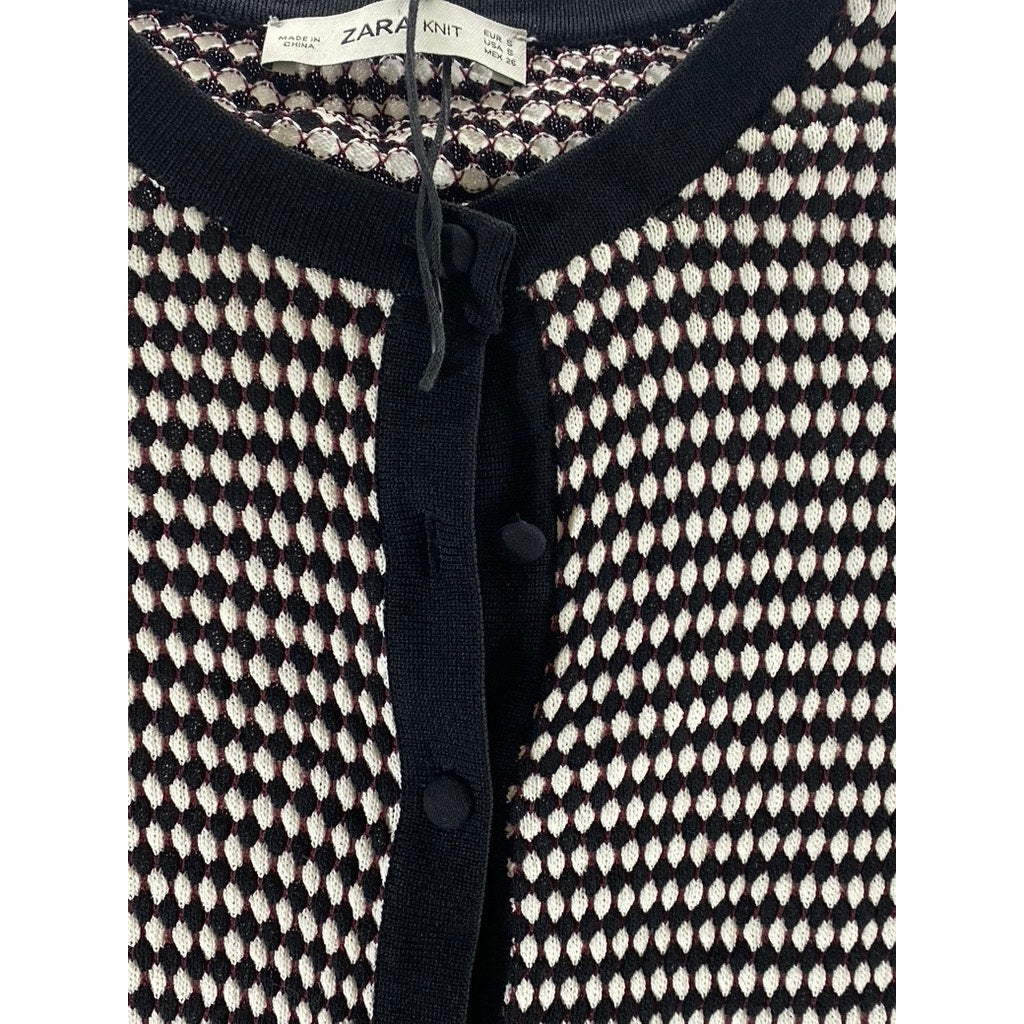 ZARA KNIT Women's Black-White Textured Button-Up Long Sleeve Cardigan SZ S
