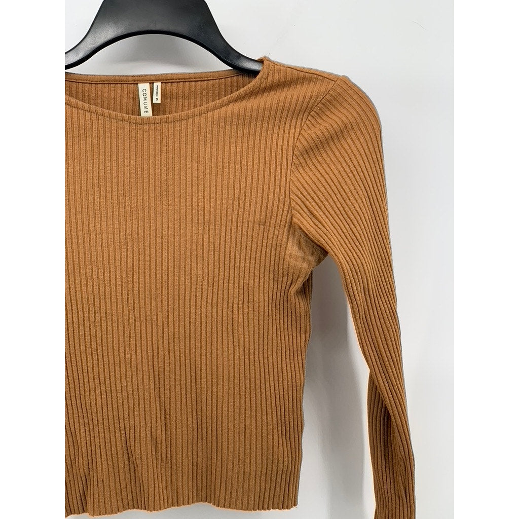 COMUNE Women's Camel Brown Crewneck Ribbed Long Sleeve Cropped Top SZ S