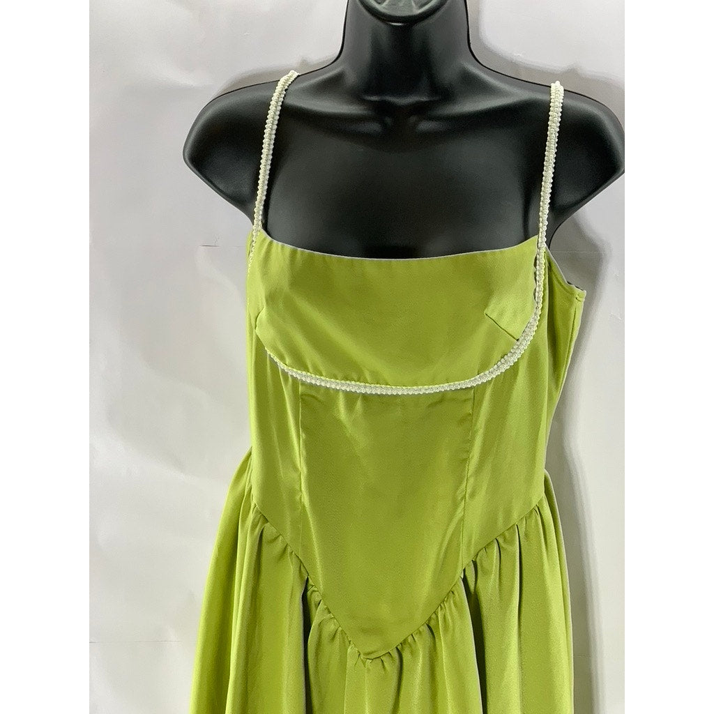 UNBRANDED Women's Lime Green Straight-Neck Spaghetti Strap Ruffle Mini Dress SZS