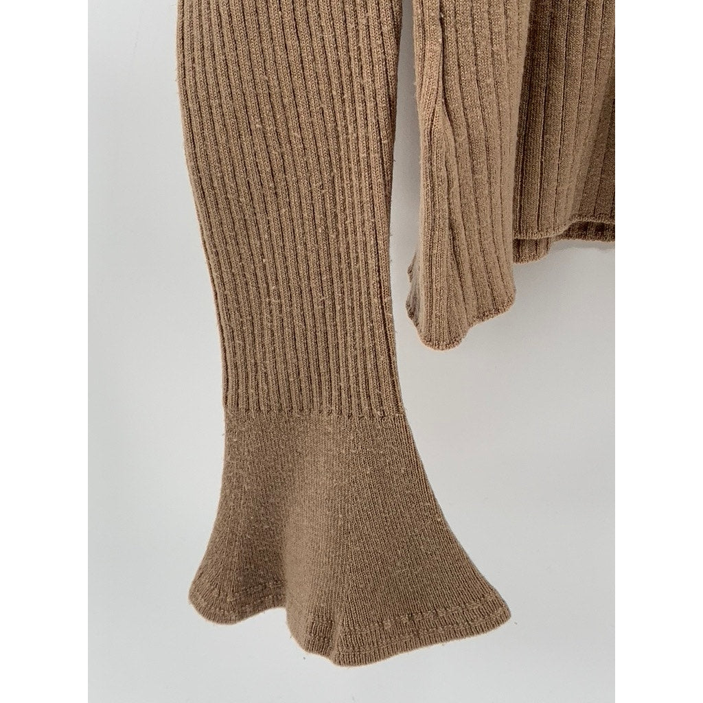 HER LIP TO Women's Brown Ribbed Mock-Neck Long Puff Bell Sleeve Sweater Top SZ S