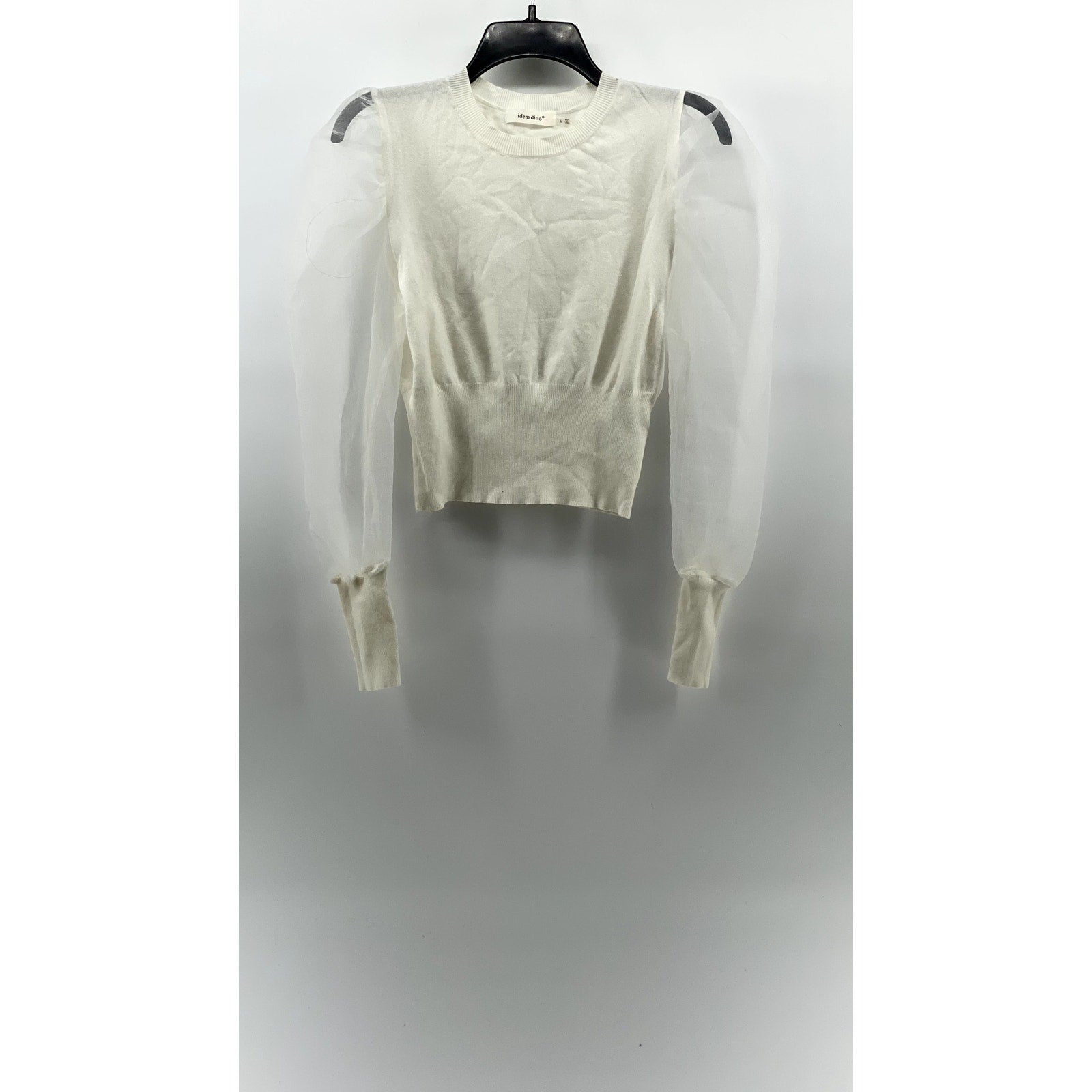 IDEM DITTO Women's White Crewneck Sheer Long Puff Sleeve Cropped Top SZ L