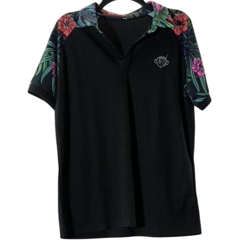 SALTY MONKEY Men's Black Floral Print Short Sleeve Polo Shirt SZ M