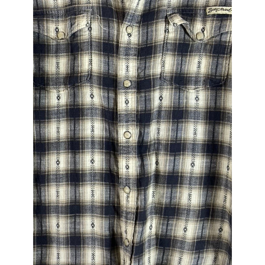 LUCKY BRAND Men's Cream/Gray Plaid Snap Button-Up Long Sleeve Western Shirt SZ L