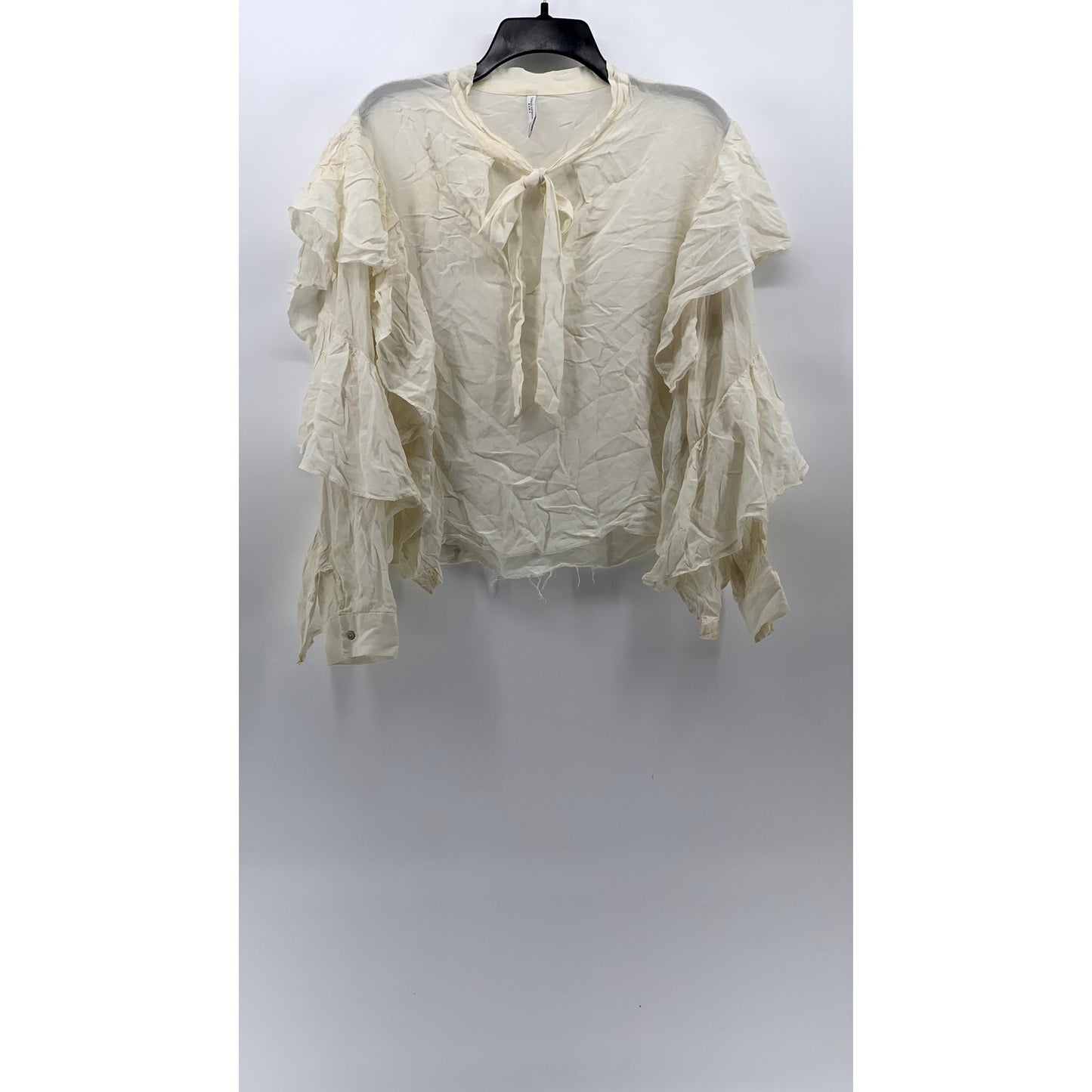 ZARA TRAFALUC COLLECTION Women's Off-White Tie-Neck Long Ruffle Sleeve Top SZ XL