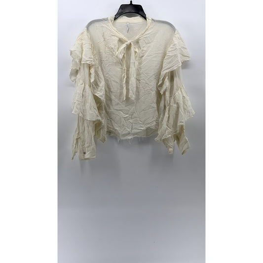 ZARA TRAFALUC COLLECTION Women's Off-White Tie-Neck Long Ruffle Sleeve Top SZ XL