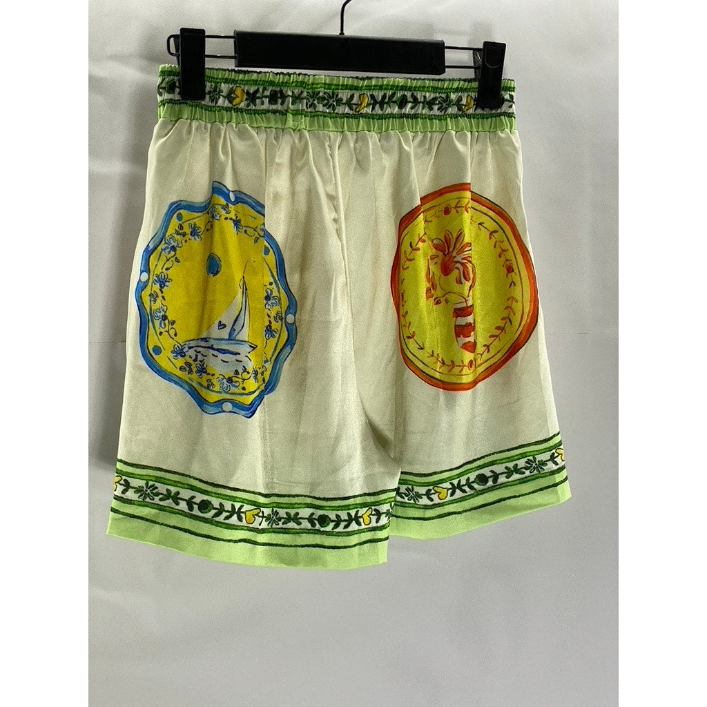 UNBRANDED Women's Green/Cream Print Drawstring Waist Pull-On Shorts SZ S