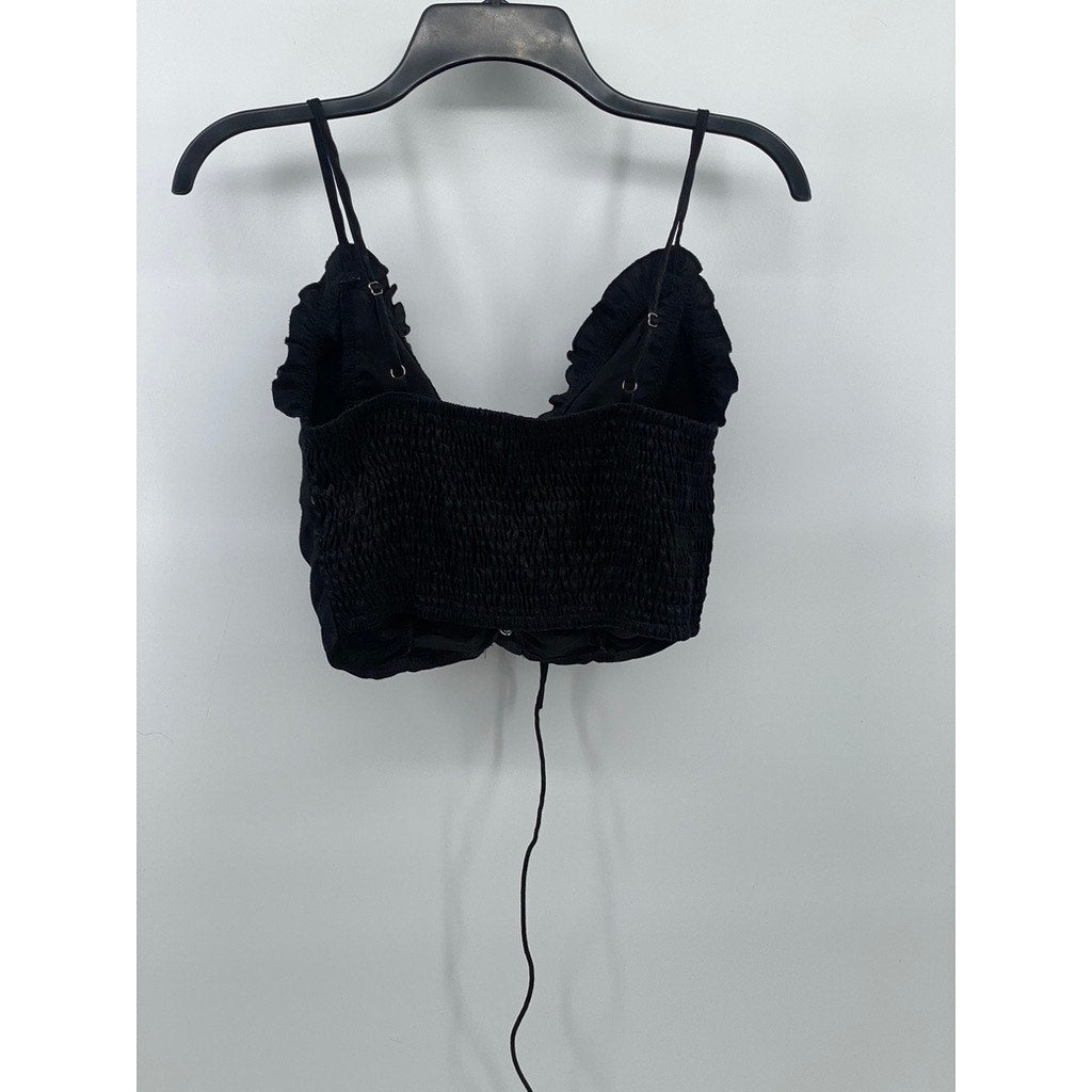 SHEIN Women's Black Ruffle-Trim Spaghetti Strap Cropped Lace-Up Top SZ 4