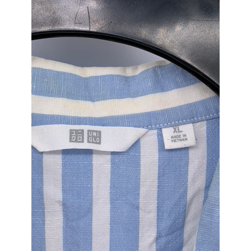UNIQLO Women's Blue-White Striped Linen-Blend Button-Up Open-Collar Top SZ XL
