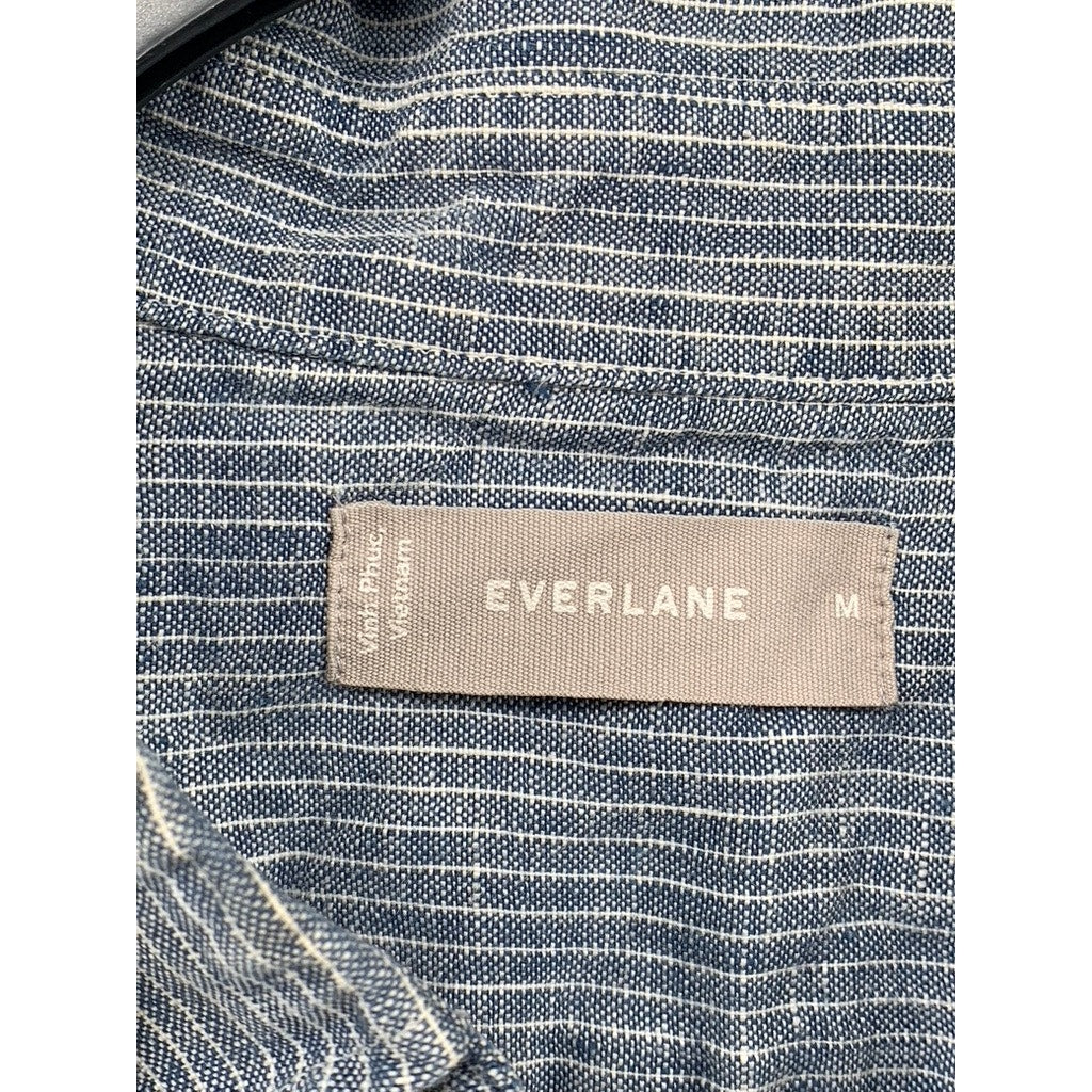 EVERLANE Men's Blue-White Micro Striped Linen Button-Up Short Sleeve Shirt SZ M