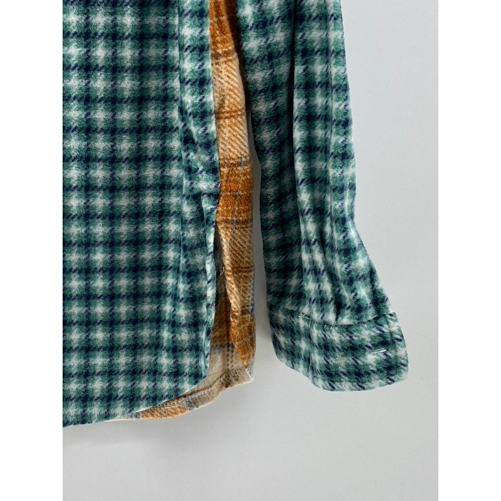 JUST POLLY NEW YORK Women's Brown-Green Plaid Colorblock Button-Up Top SZ M