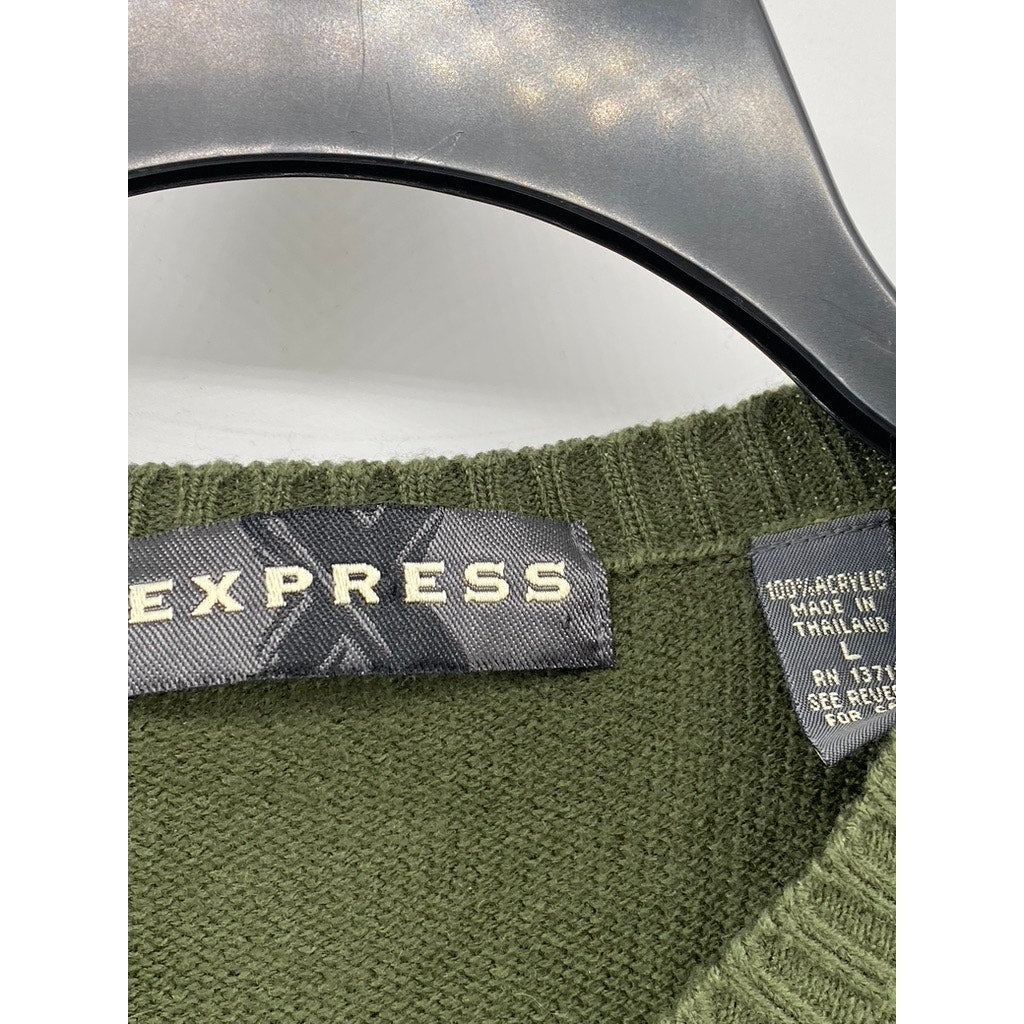 EXPRESS Men’s Dark Green V-Neck Knit Striped Long Sleeve Pullover Sweater SZ L