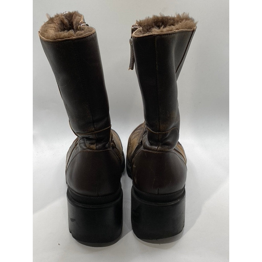 Women's Brown Leather Distressed Black Heel Mid-Calf Shearling Boots SZ 40(US10)