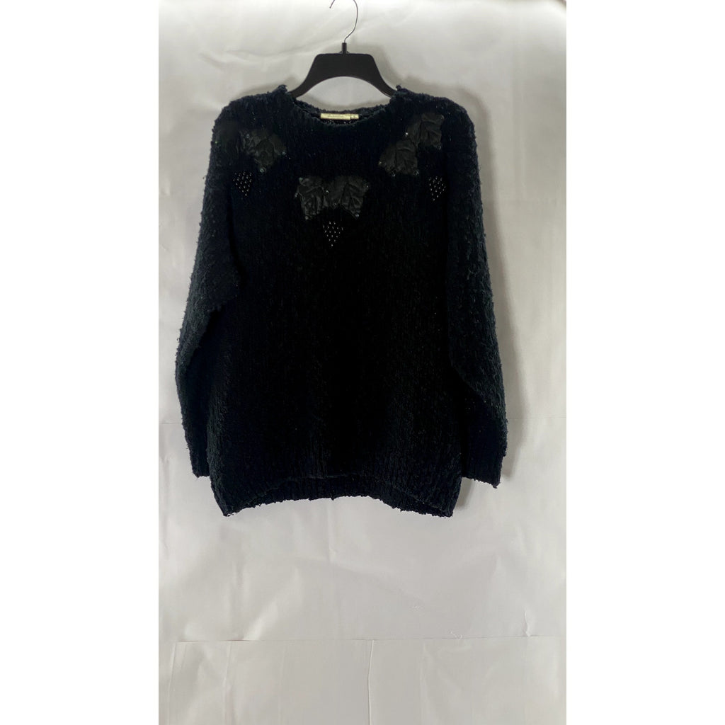 UNBRANDED Women's Black Beaded Floral Appliqué Crewneck Pullover Sweater SZ L