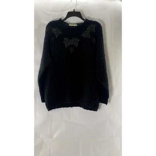 UNBRANDED Women's Black Beaded Floral Appliqué Crewneck Pullover Sweater SZ L