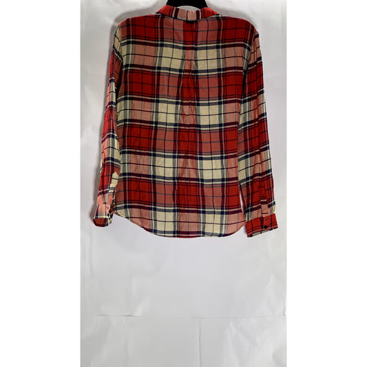 ZARA BASIC Women’s Red Plaid Regular-Fit Button-Up Long Sleeve Top SZ L