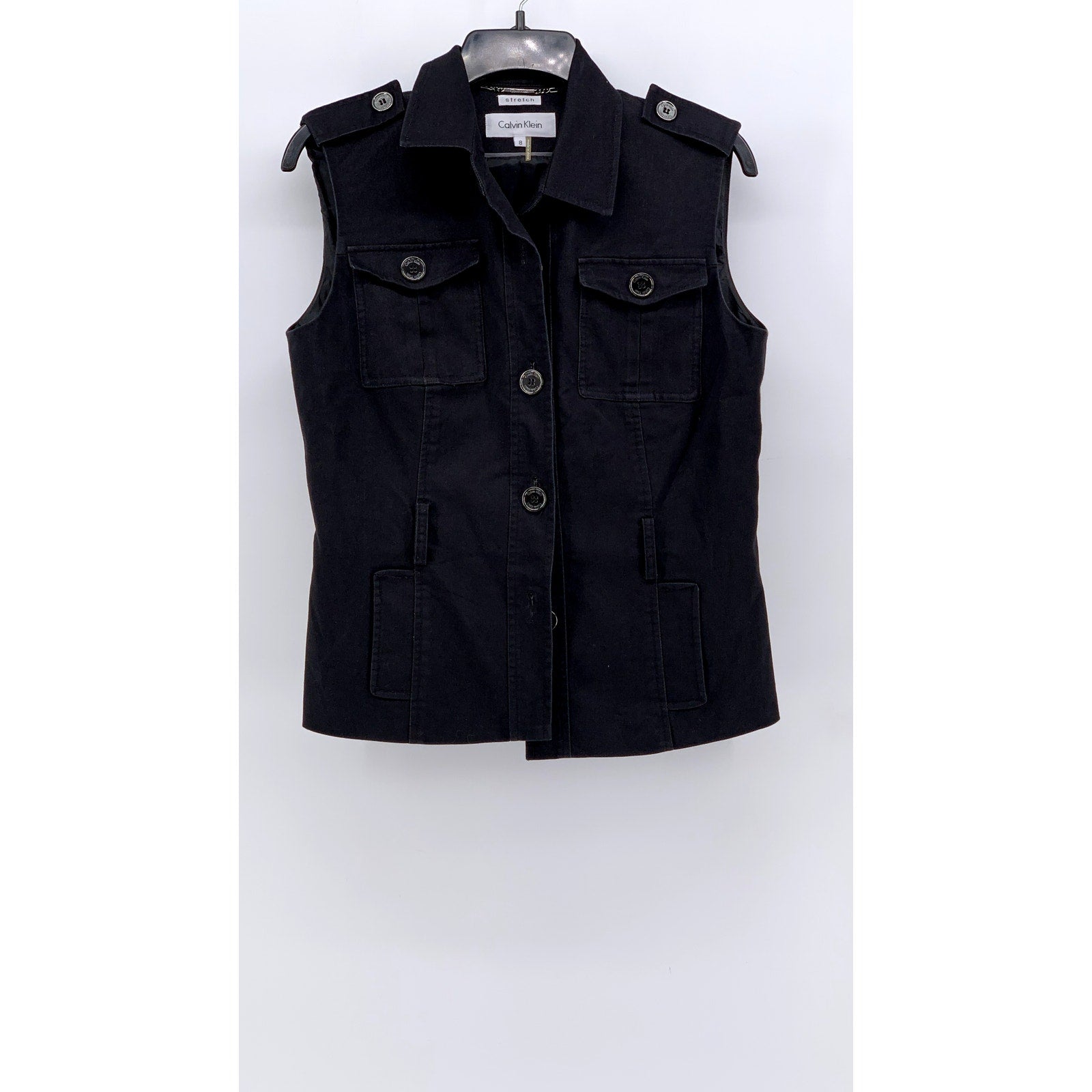 CALVIN KLEIN Women's Black Stretch Button-Up Sleeveless Top SZ 8