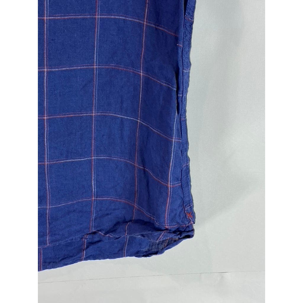 JACHS NEW YORK Men's Blue Windowpane Linen Classic-Fit Button-Up Shirt SZ S