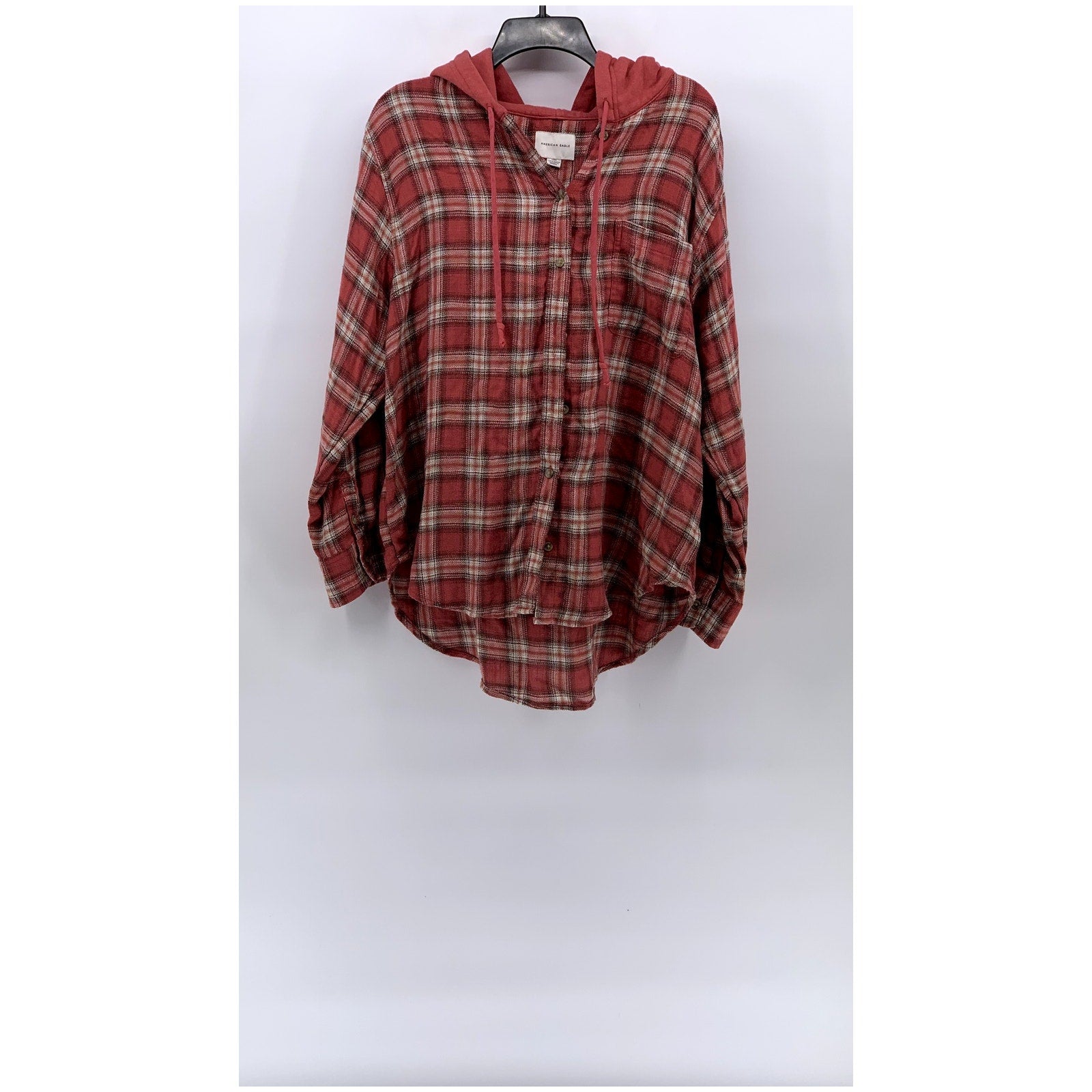 AMERICAN EAGLE Men's Red Plaid Button-Up Hooded Long Sleeve Sweater Shirt SZ L