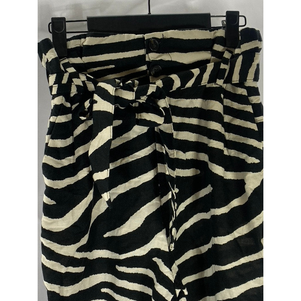 H&M Women's Black-White Zebra Linen-Blend High-Rise Belted Paper-Bag Pant SZ 4