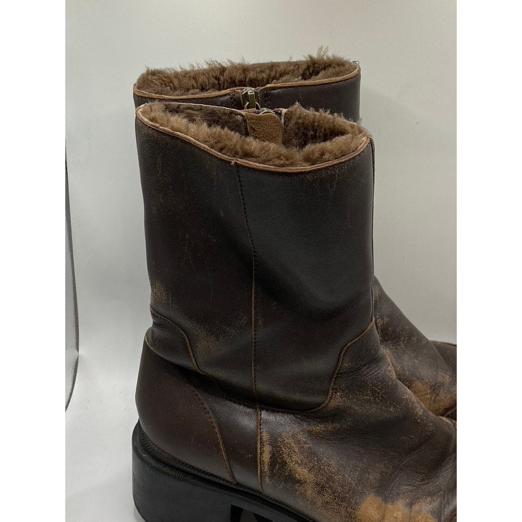 Women's Brown Leather Distressed Black Heel Mid-Calf Shearling Boots SZ 40(US10)