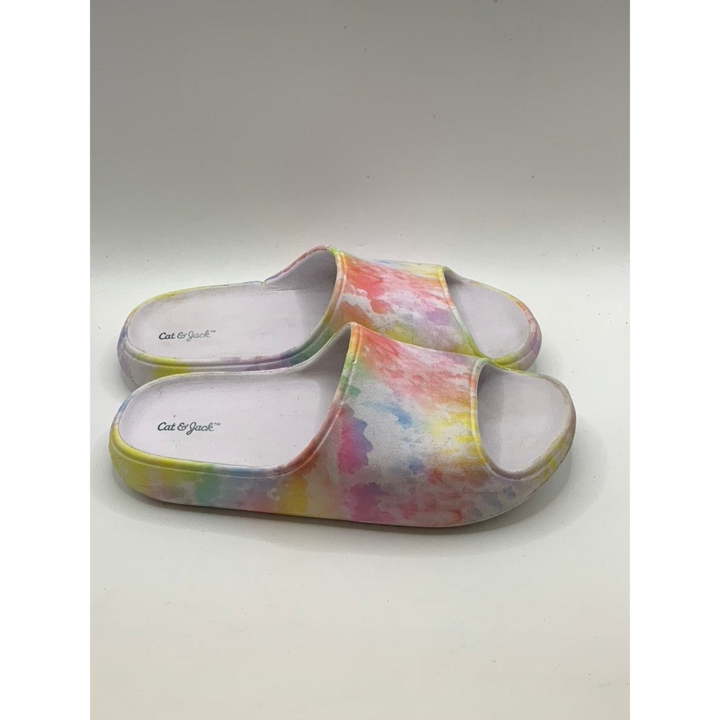 CAT & JACK Girls' White-Multi Tie Dye Slides SZ 2