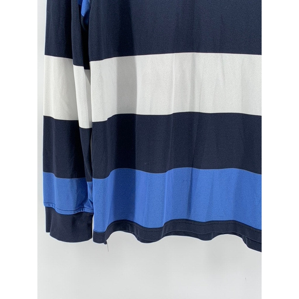 IZOD Men's Navy Blue Striped Textured Long Sleeve Polo Shirt SZ L