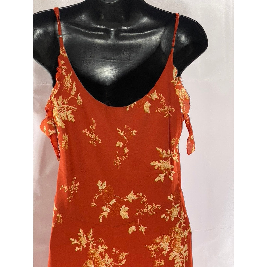 SIMPLE RETRO Women's Red Satin Floral Tall Strappy V-Neck Midi Dress SZ S